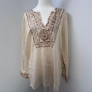 RAG Women's XL‎ Beige Sequin Embellished Long Sleeve Tunic Top